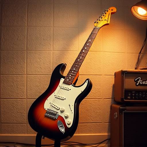A vintage Fender Stratocaster guitar hanging on a studio wall