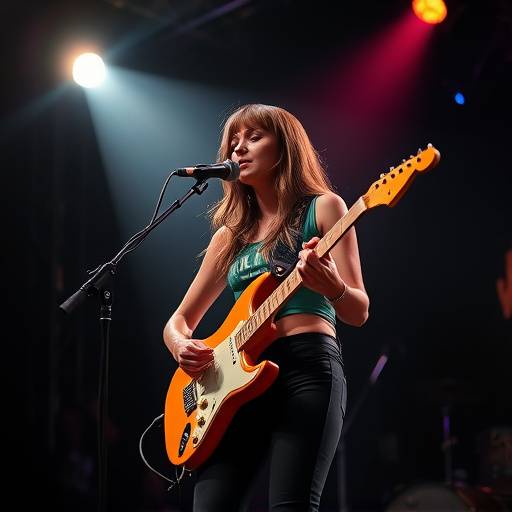 Amelia Stone performing on stage with a guitar