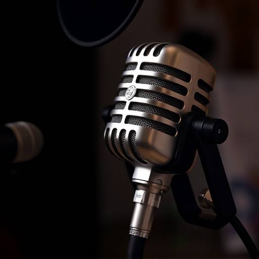 Close-up of a Neumann U87 Ai condenser microphone on a stand