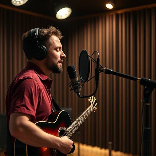 Musician recording vocals in a sound booth at Echo Bloom Studios.