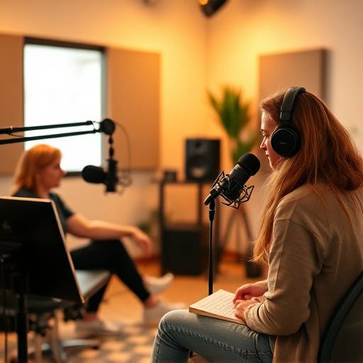Two people recording a podcast in the studio at Echo Bloom Studios.