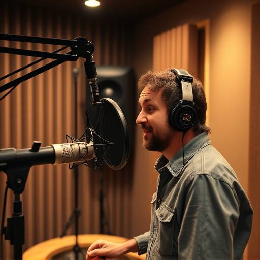 Voice-over artist recording in a soundproof booth at Echo Bloom Studios.
